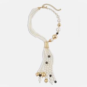 Chico's Gale Lariat Necklace white faux-pearl tassel Statement